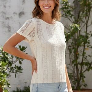 CABI Ecru Lace Blouse XS Sheer Feminine Romantic Textured Boho Chic